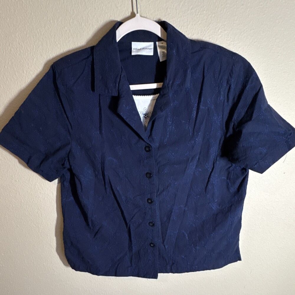 Alfred Dunner Women’s Blue Solid Collared Short Sleeve Button-Up Top Size 12
